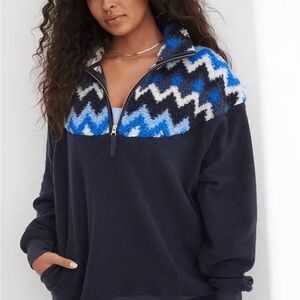 Aerie Hometown Holiday Blue Sherpa Quarter Zip Sweatshirt
